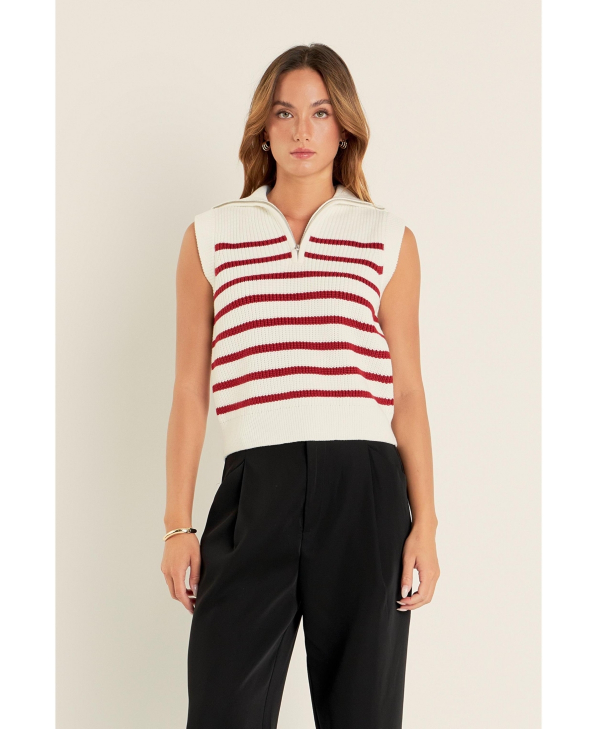 English Factory Women's Stripe Half Zip Up Sleeveless Knit Top -burgundy