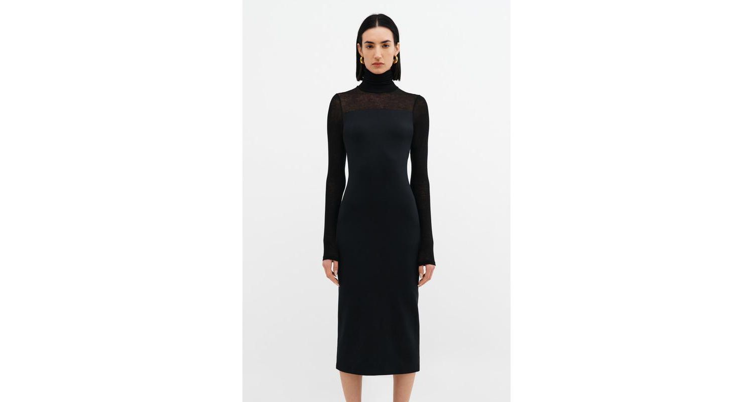 Women's Marina Fitted Turtleneck Midi Dress with Sheer Jersey Sleeves