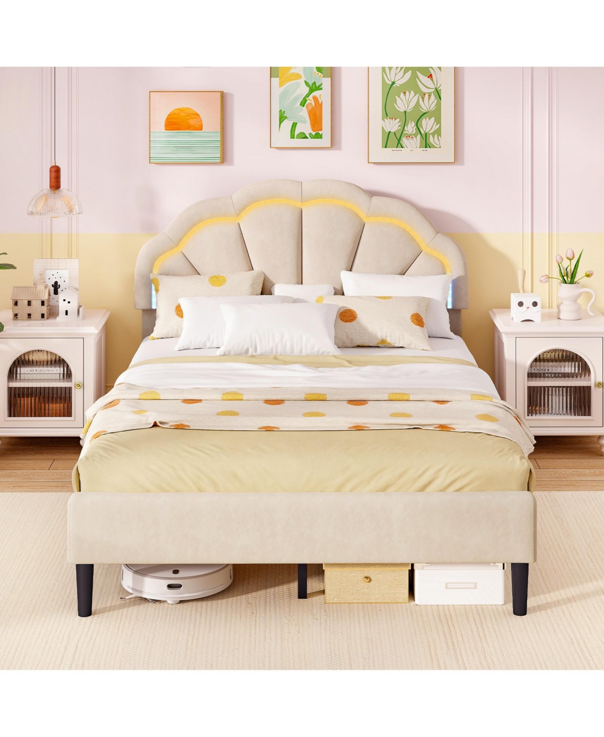 Gouun Upholstered Led Bed Frame with Adjustable Flower Headboard and Metal Support Feet-Fullkhaki