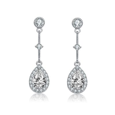 Sterling Silver White Gold Plated with Clear Pear & Round Cubic Zirconia Accent Chandelier Earrings