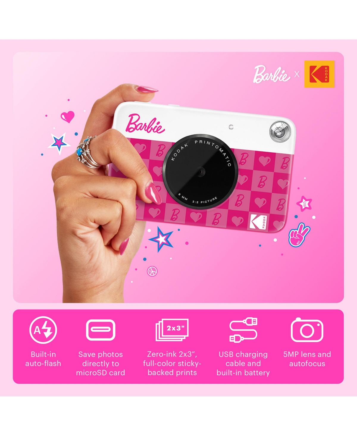 Kodak Barbie x Printomatic 2x3 Instant Print Camera, 5MP Portable Instant Camera - Iconic Style