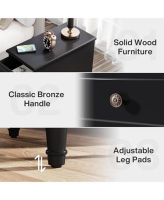 Solid Wood End Table, Fully Assembled Narrow Side Table with Drawers, Pre-Assembled Nightstand Slim Bedside Table, Black