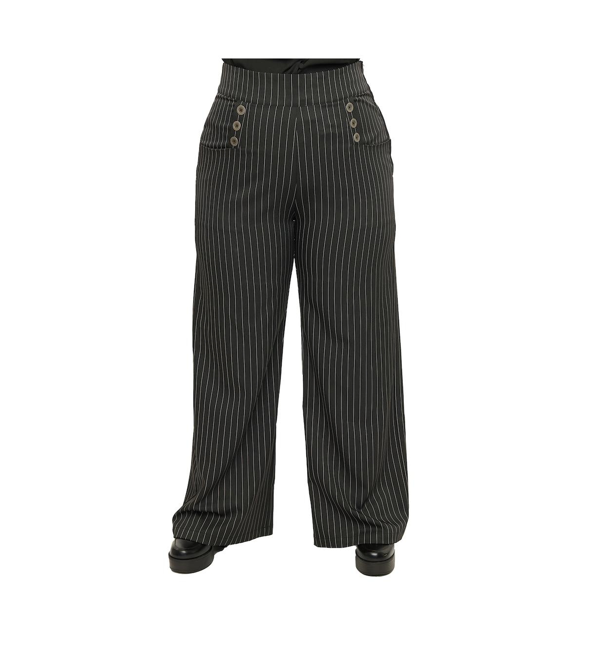 Unique Vintage Plus Size 1940s Ginger Wide Leg Pants - Black  white pinstripe
