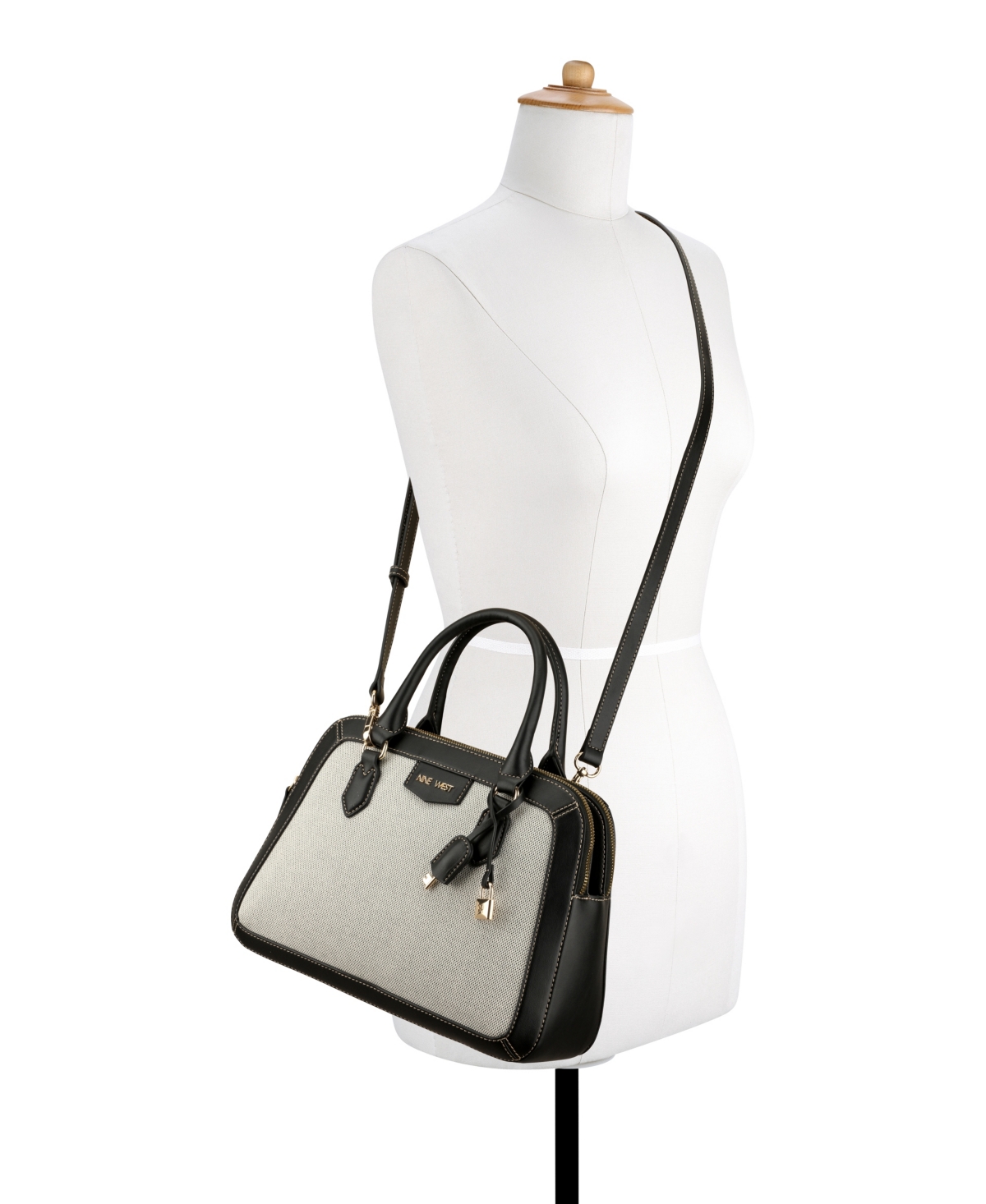 Shop Nine West Designer Cibrina Dome Satchel Bag In Black White Canvas