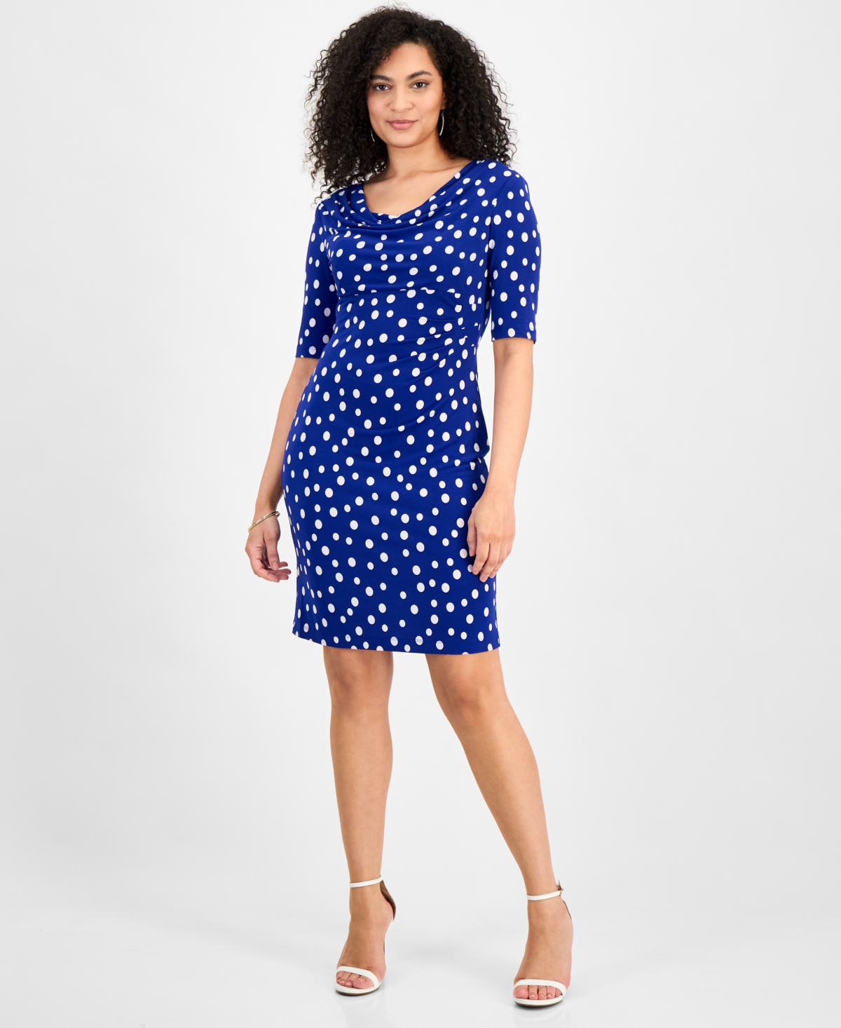 Women's Polka-Dot Drape-Neck Sheath Dress - Navy