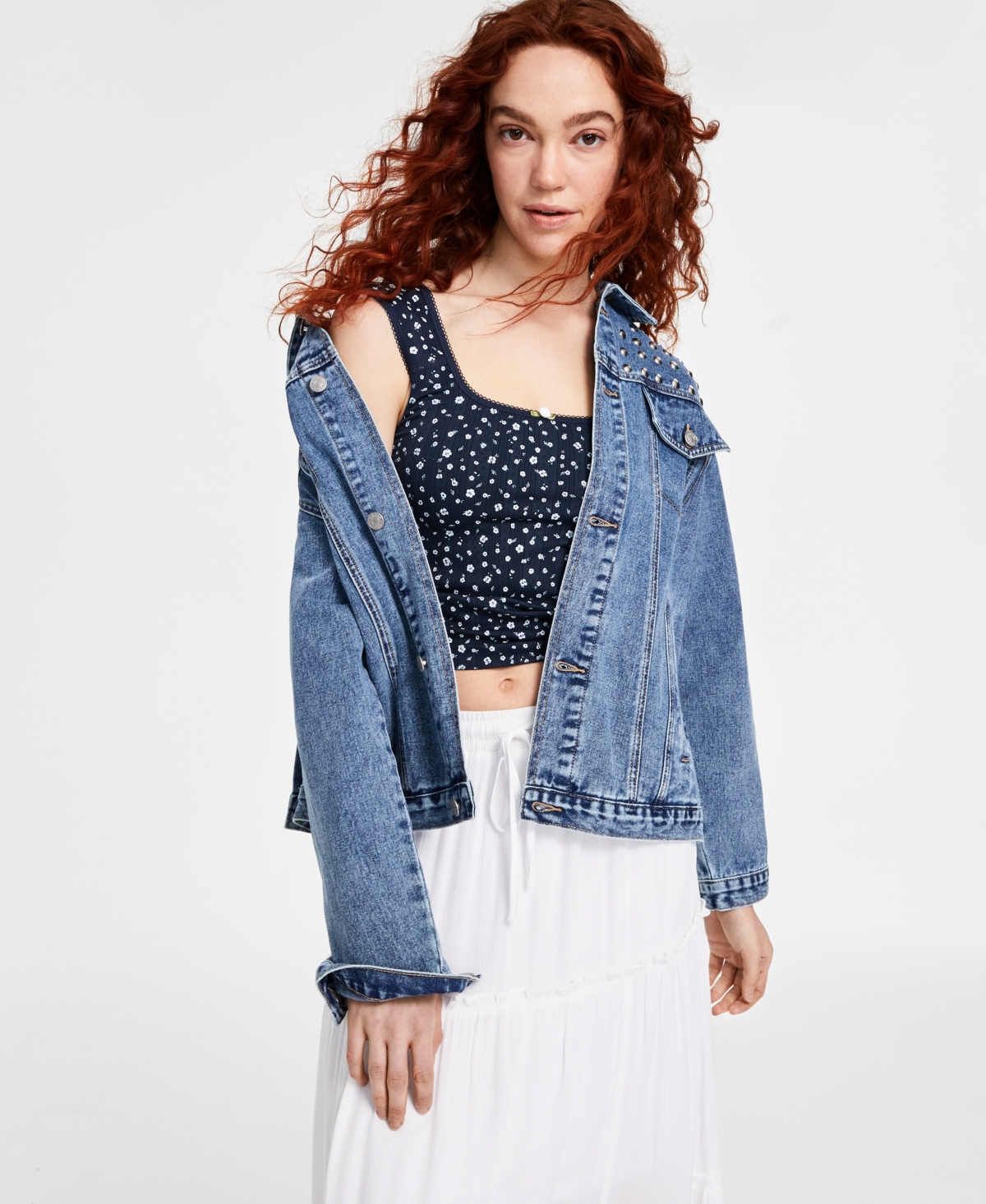 Juniors' Studded Boyfriend Denim Jacket - Black