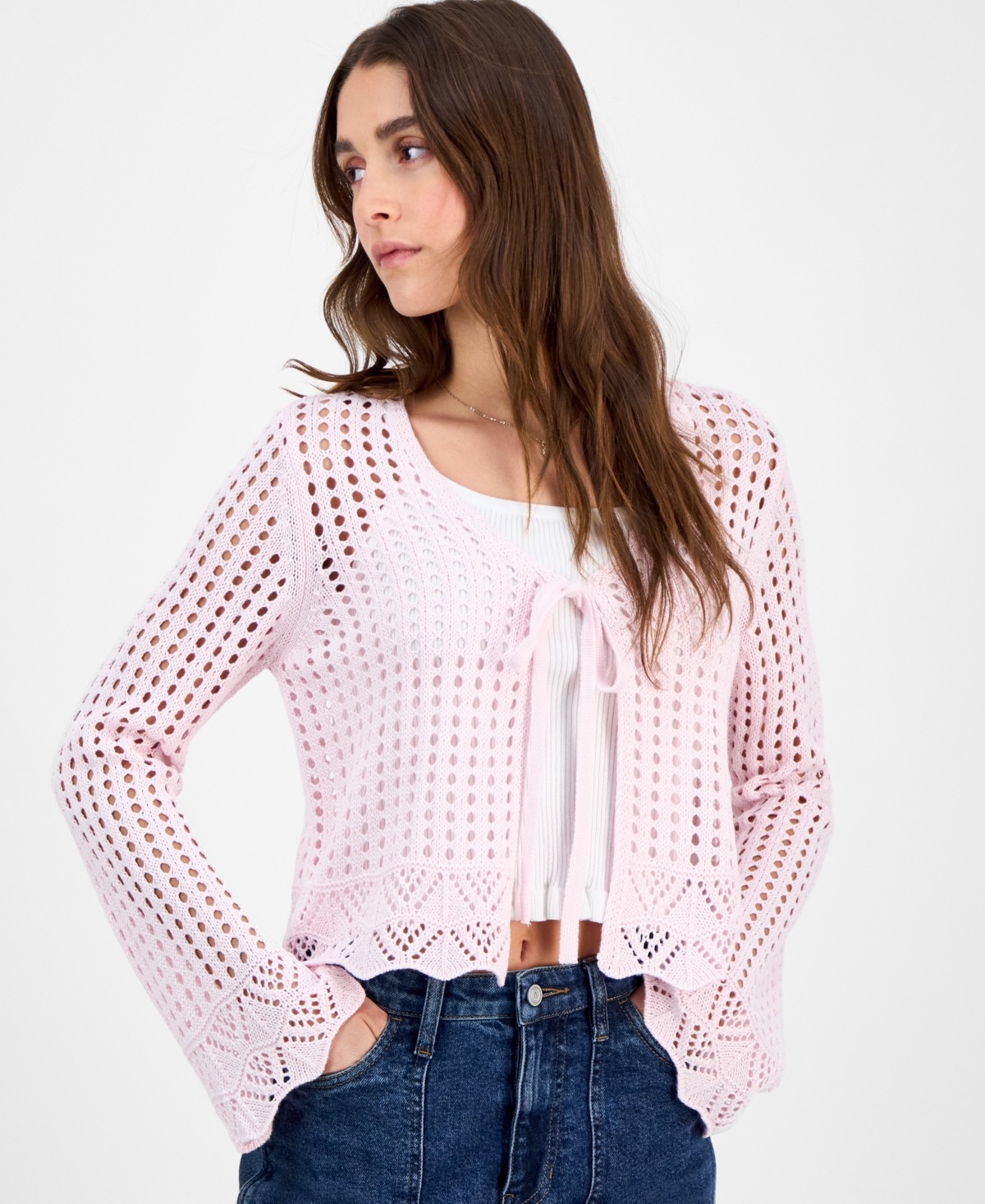 Hooked Up By Iot Juniors' Tie-front Crochet Cardigan Sweater In Tender Touch