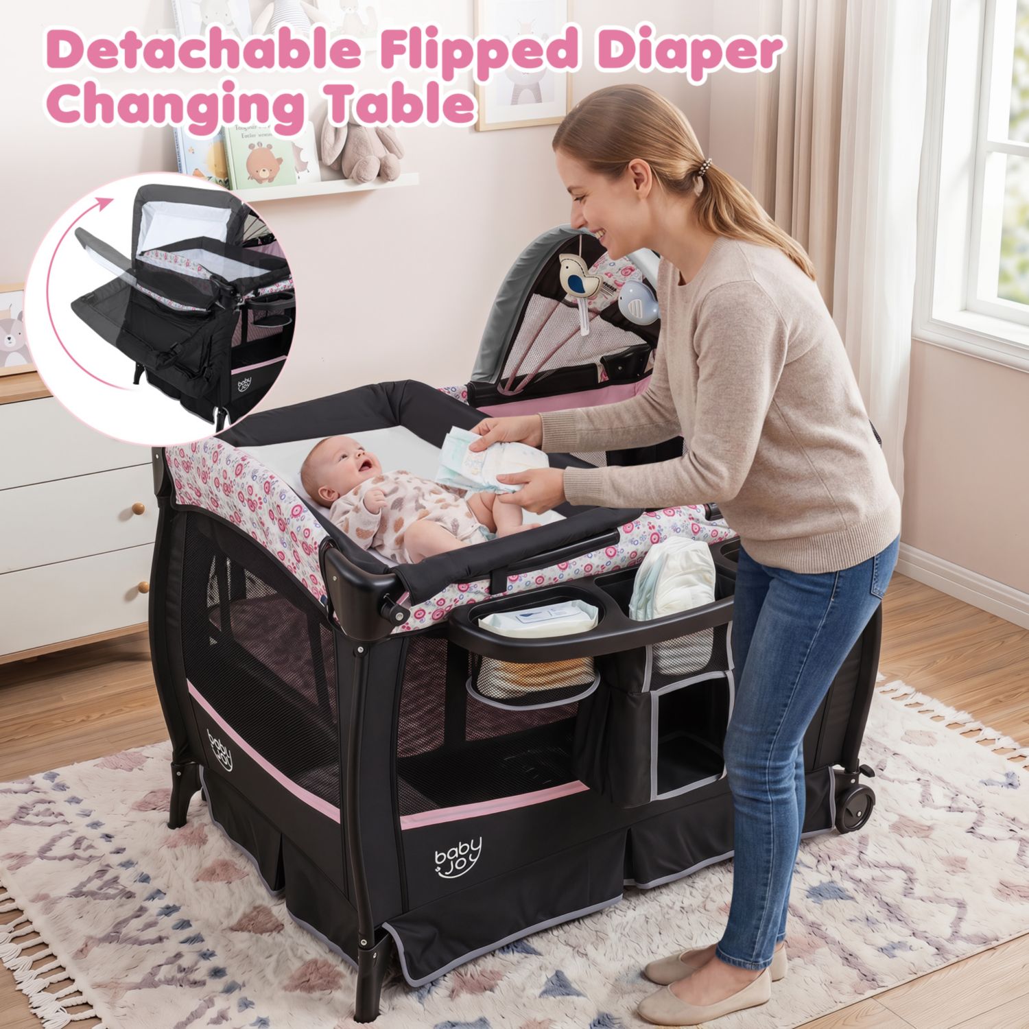 Pack Play Baby Diaper Changing Table 4 in 1 Foldable with Mattress