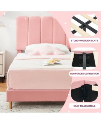 Pink Twin Bed Frame, Velvet Upholstered Platform Bed Frame with Headboard, Strong Wooden Slats, Noise-Free,No Box Spring Needed, Easy Assembly