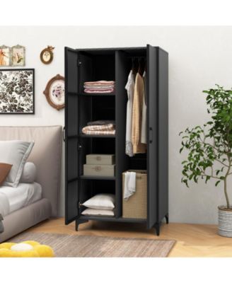 62 Inch Wicker Wardrobe with 2 Doors PE Rattan Closet with Hanging Rod