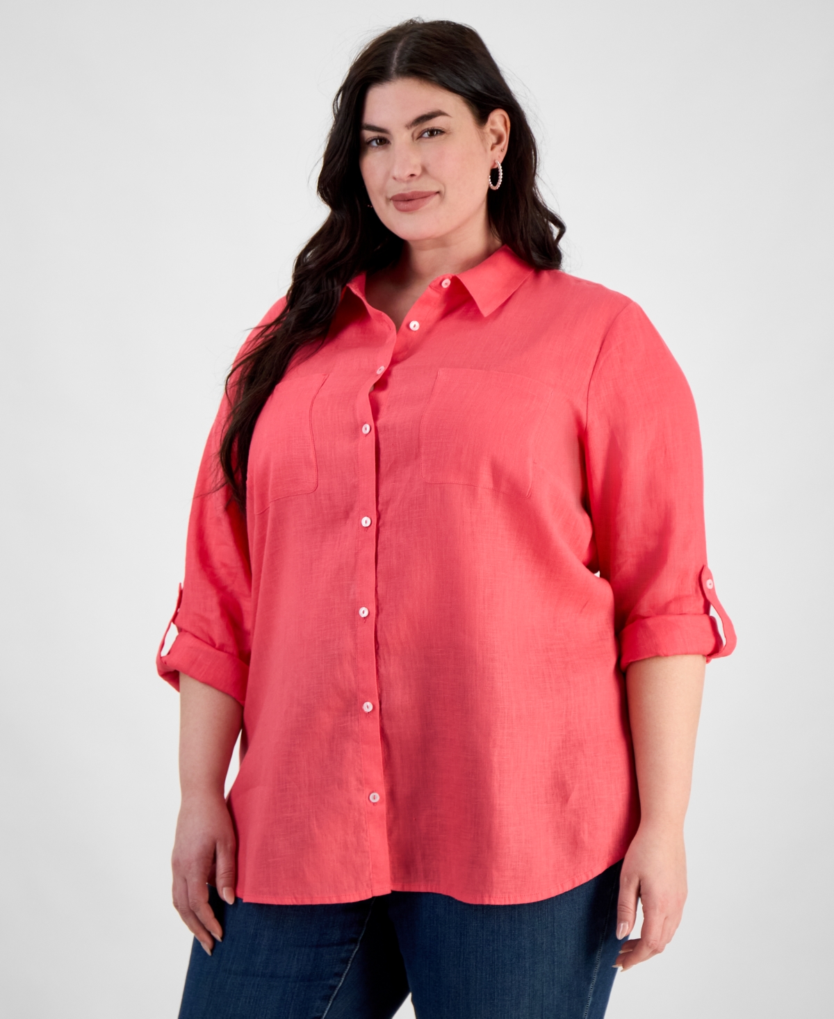 Plus Size 100% Linen Roll-Tab Shirt, Exclusively at Macy's - Coral Flash