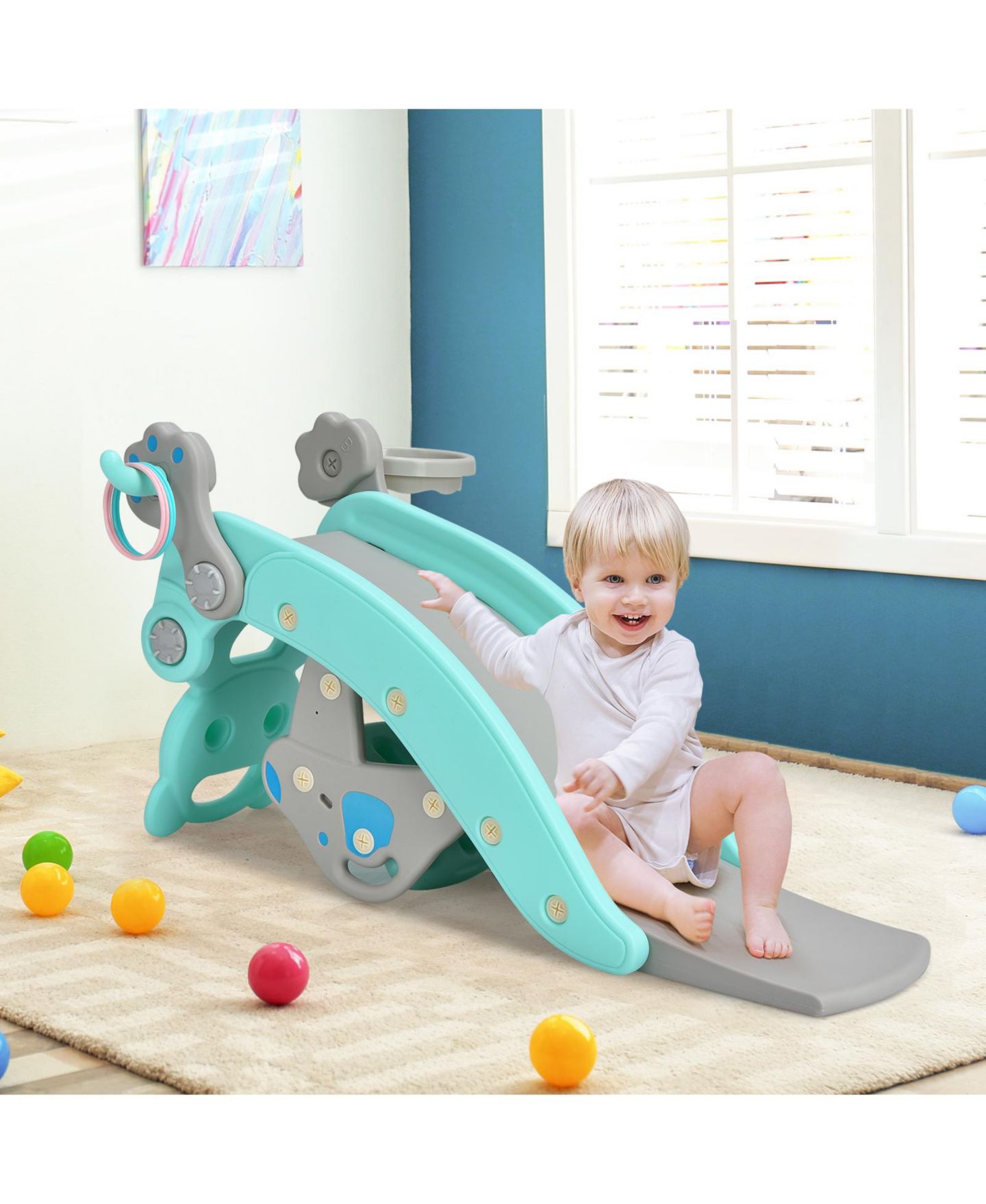 Детский игровой набор GOUUN 4-in-1 Toddler Rocking Horse Playset with Slide & Basketball Hoop, Ages 1-5, цвет: Синий — фото 3