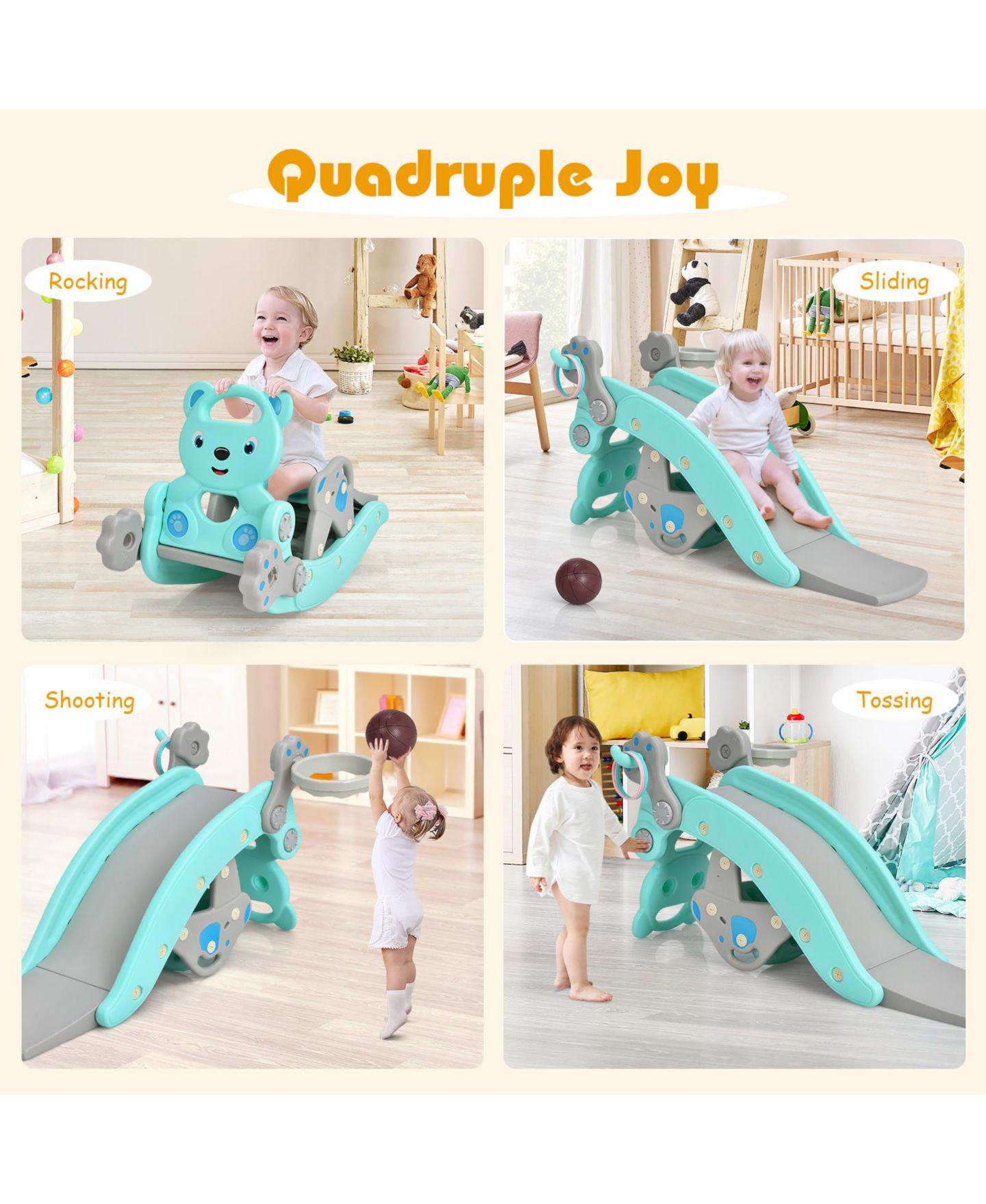Детский игровой набор GOUUN 4-in-1 Toddler Rocking Horse Playset with Slide & Basketball Hoop, Ages 1-5, цвет: Синий — фото 11