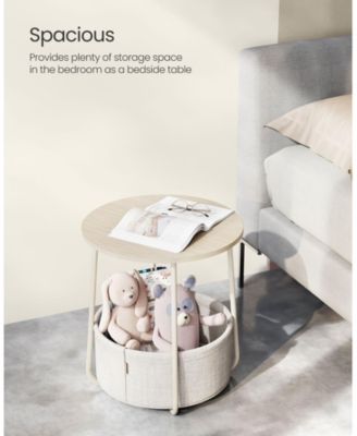 Small Round Side End Table, Modern Nightstand with Fabric Basket
