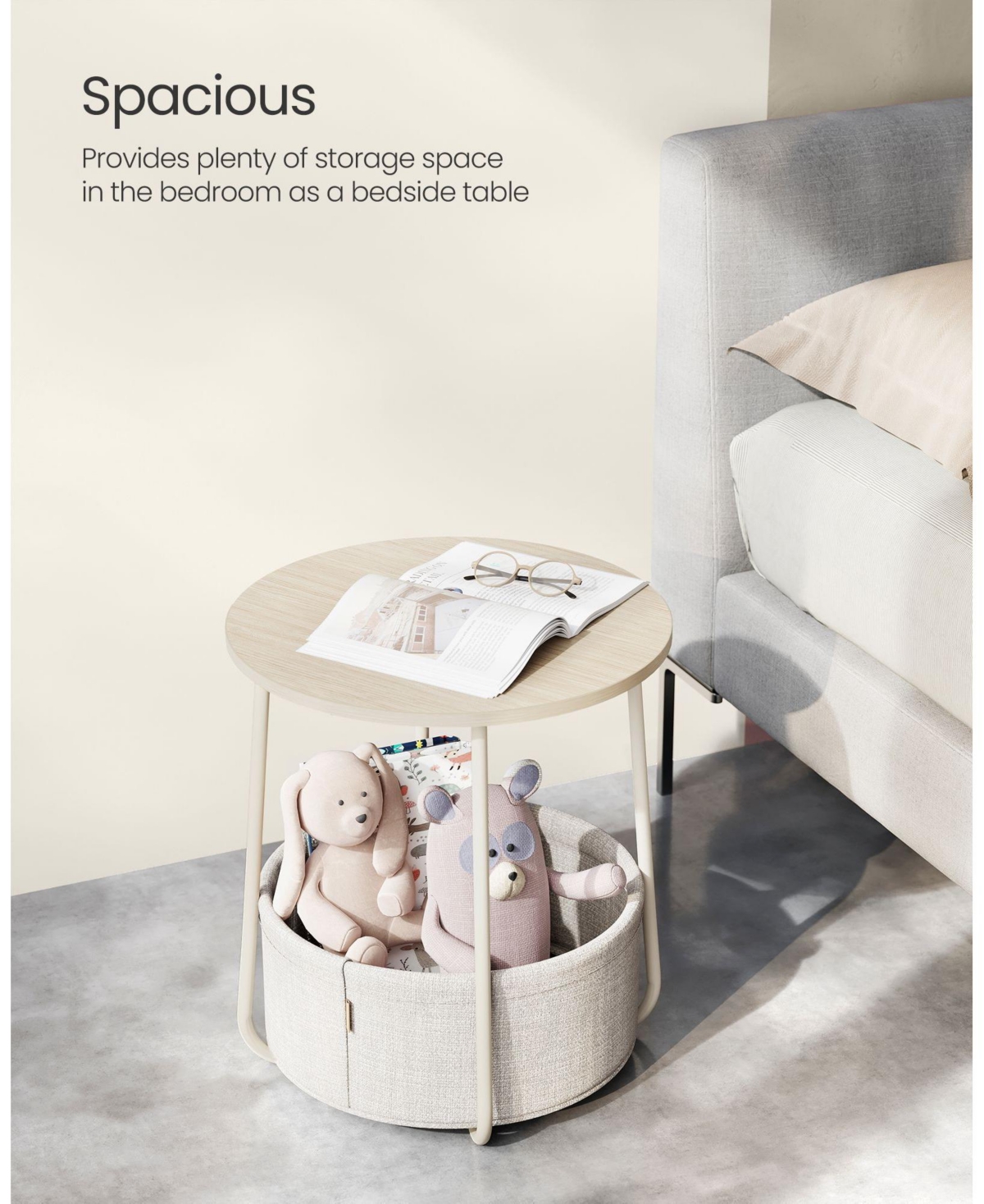 Slickblue Small Round Side End Table, Modern Nightstand with Fabric Basket