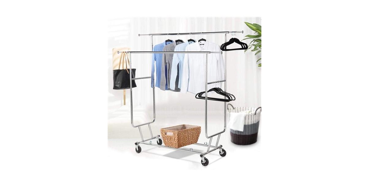 Slickblue Heavy Duty Double Bar Clothes Hanging Garment Rack on Lockable Wheels Durable and Secure
