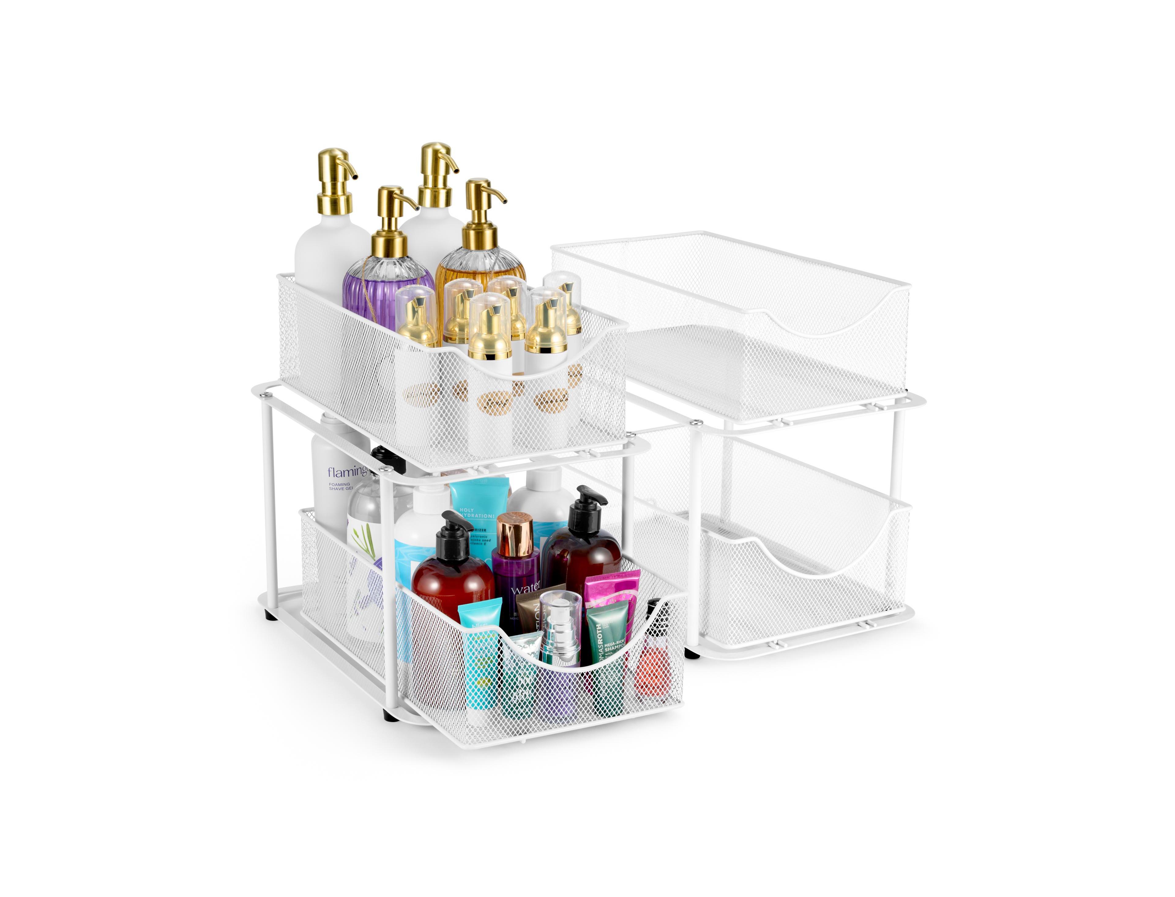 Sorbus 2 Pack 2 Tier Baskets with Mesh Sliding Drawers - Ideal Cabinet, Under the Sink, etc - Great for Bathroom, Kitchen, Office, etc. (White