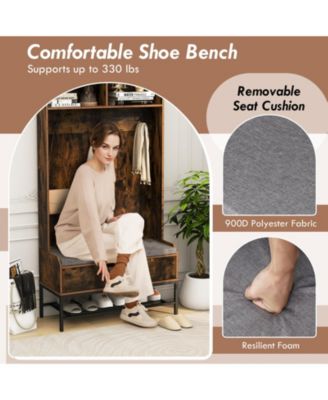 69-Inch 4-in-1 Hall Tree with Coat Rack, Seat Cushion, Shoe Storage, and Shelf