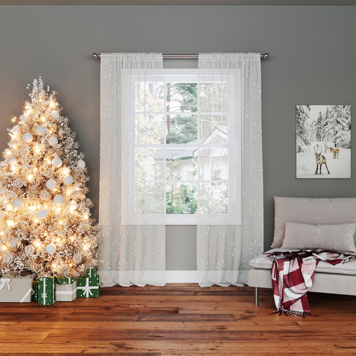 No. 918 Holiday Snowflake Embroidery Sheer Rod Pocket Curtain Panel