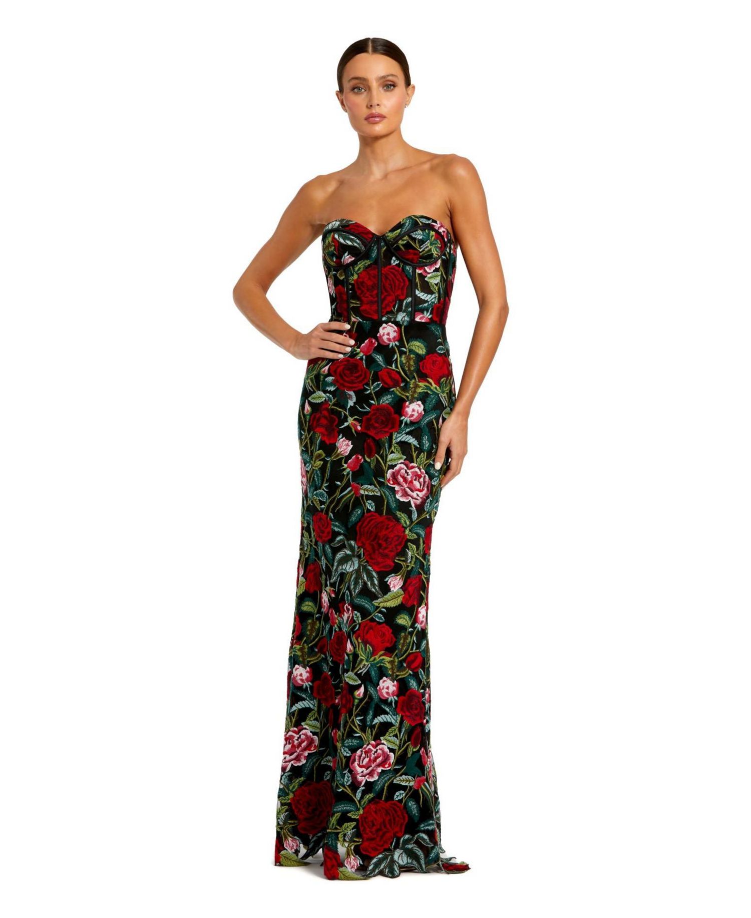 Women's Sheer Bustier Top Floral Applique Gown