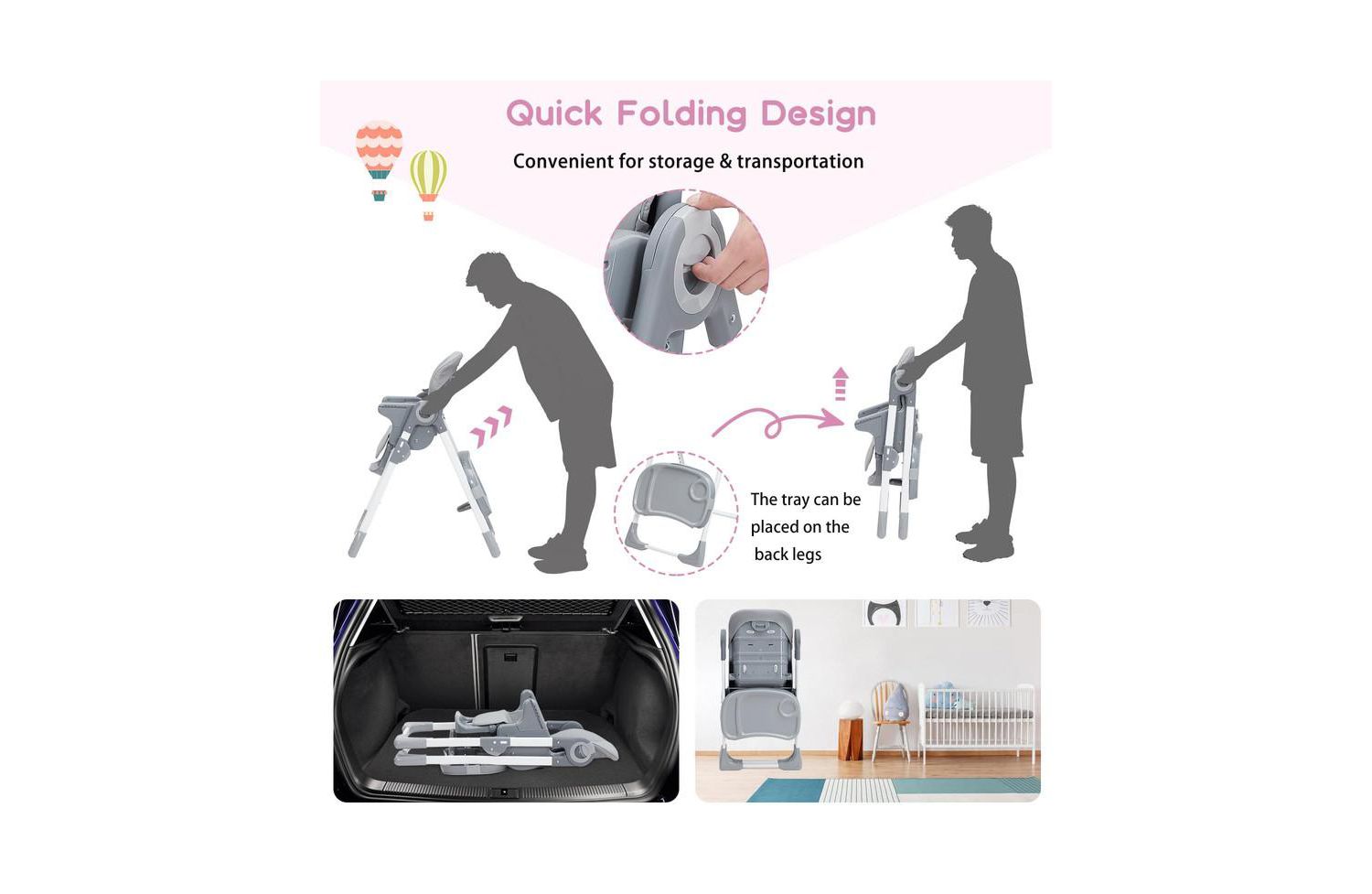 1 Pc Foldable with Removable Tray, Adjustable Height & Recline Easy-Clean Baby High Chair