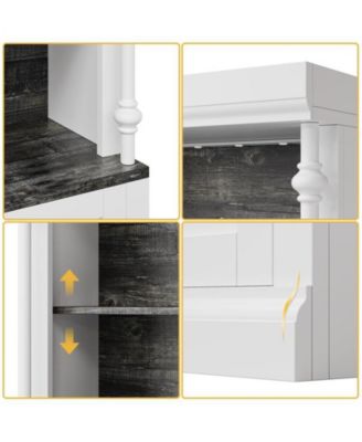 Tall Storage Bookcase with 3-Tier Open Shelves and Double Door, Roman Column Design and 4 Adjustable Lights, White & Black Wood Grain Display Storage Cabinet for Home Office, Living Room