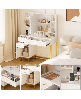 Vanity Desk with Mirror and Lights, Large Makeup Vanity with Charging Station and Storage Cabinet, 3 Lighting Modes Adjustable, Dressing Table with Drawers for Bedroom