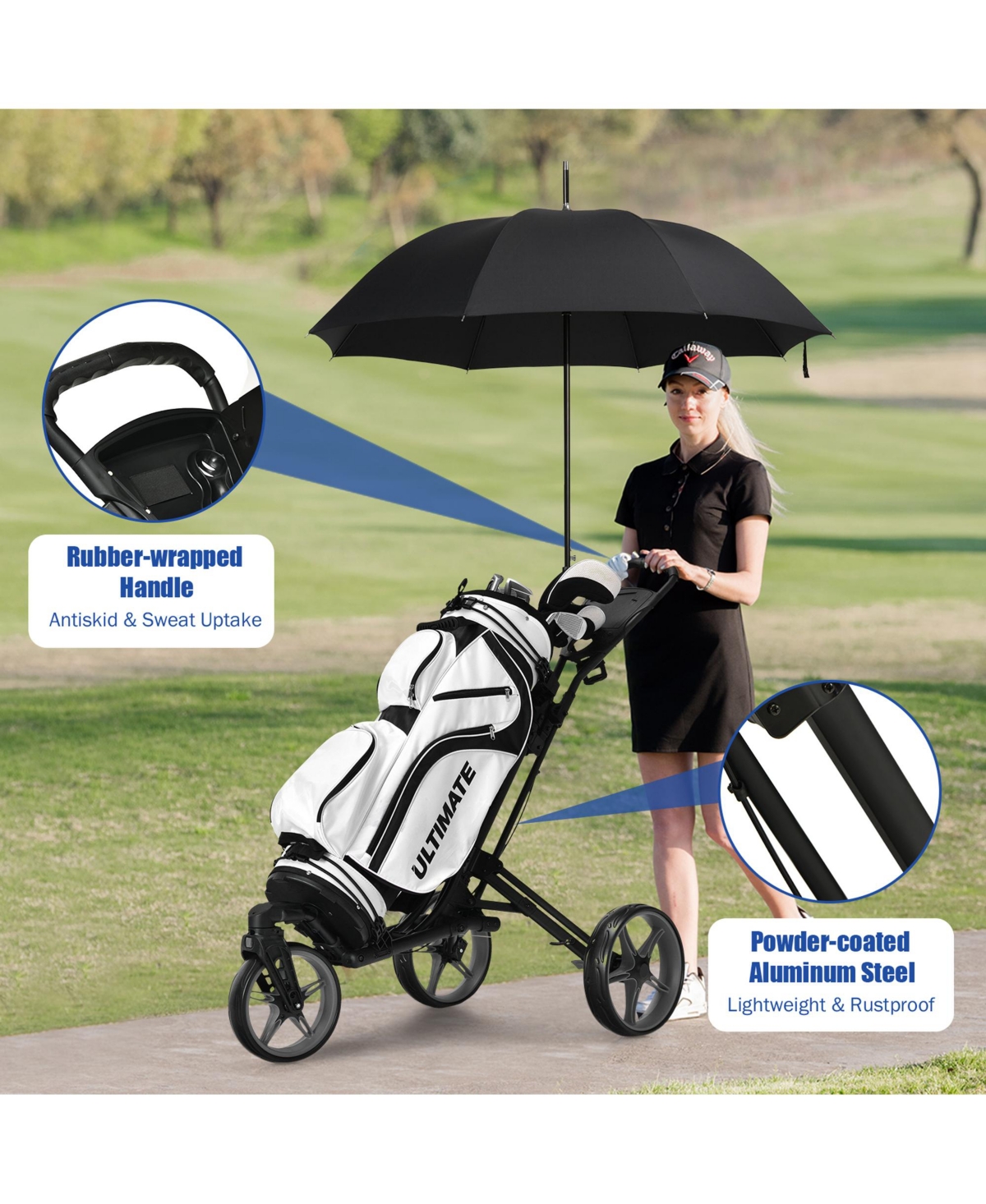 Gymax 3 Wheels Foldable Golf Push Pull Cart Trolley w/ Adjustable Handle Brake