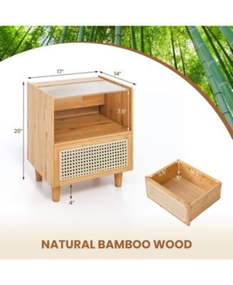 Bamboo Rattan Nightstand with Drawer and Solid Wood Legs