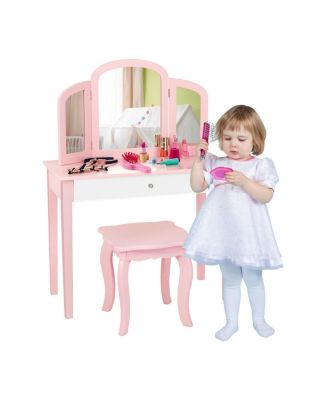 Kids Princess Make Up Dressing Table with Tri-folding Mirror and Chair
