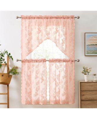 Butterfly Floral Lace Sheer 3 Piece Kitchen Curtains Set Light Filtering Transparent Window Swag Valance 36 Inch Tiers Set