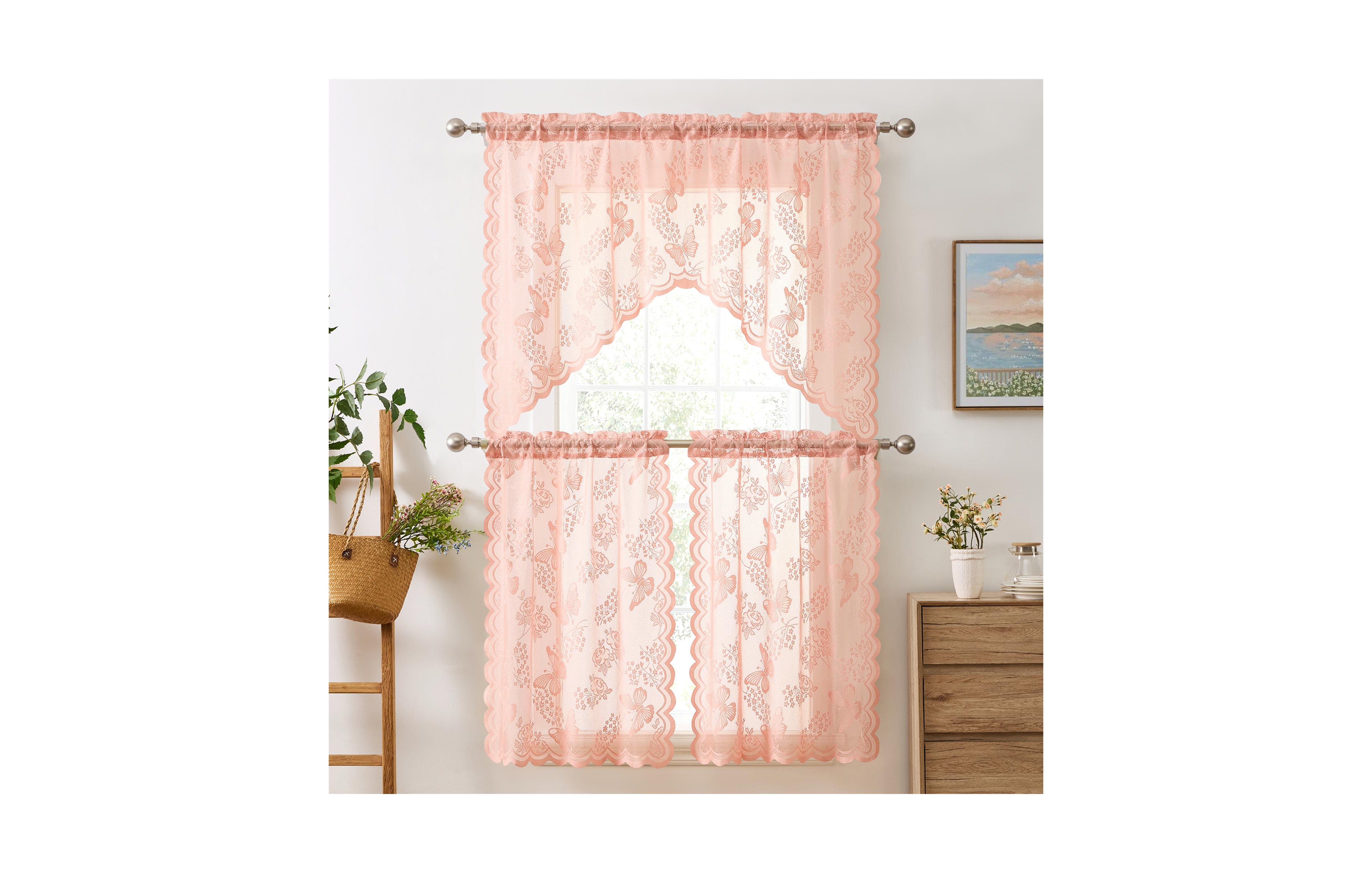 Hlc.me Butterfly Floral Lace - Sheer 3 Piece Kitchen Curtains Set, Light Filtering Transparent Window Swag Valance + 36 inch Tiers Set