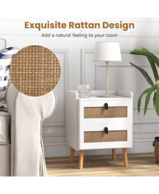 Modern End Table Bedside Table with 2 Rattan Decorated Drawers