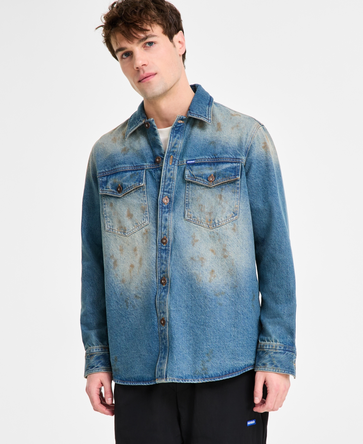 Hugo by Hugo Boss Men's Relaxed-Fit Distressed Denim Shirt - Navy