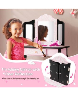 Kid Vanity Set with Tri-Folding Mirror and Leopard Print
