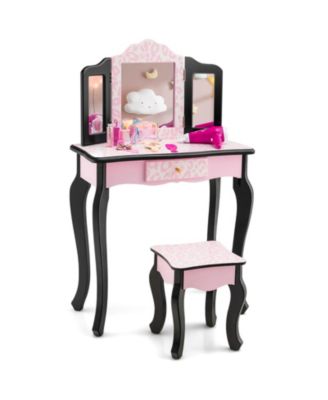 Kid Vanity Set with Tri-Folding Mirror and Leopard Print