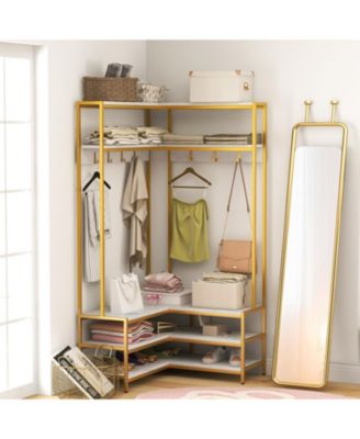 Corner Garment Rack with Open Shelves and 7 Hooks Shoe Bench