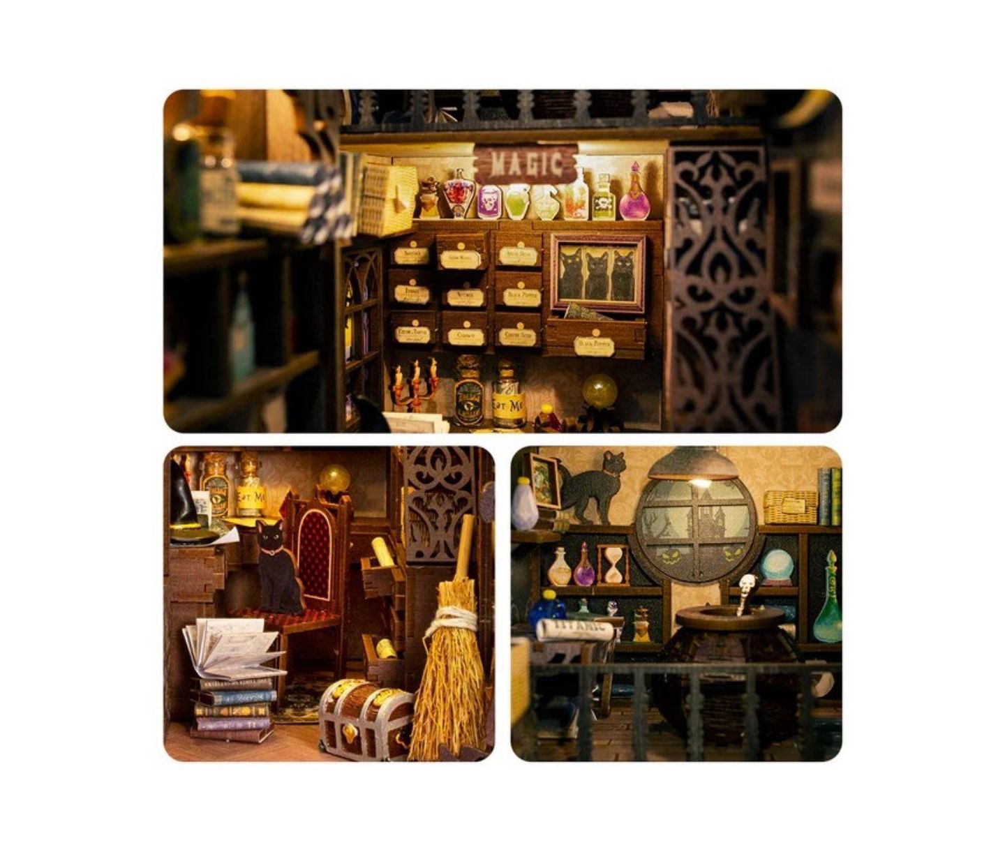 Детские конструкторы Cutebee Magic Pharmacist LED Light Book Nook Kit, 282-Piece Building Set, Ages 14+, цвет: Коричневый — фото 8