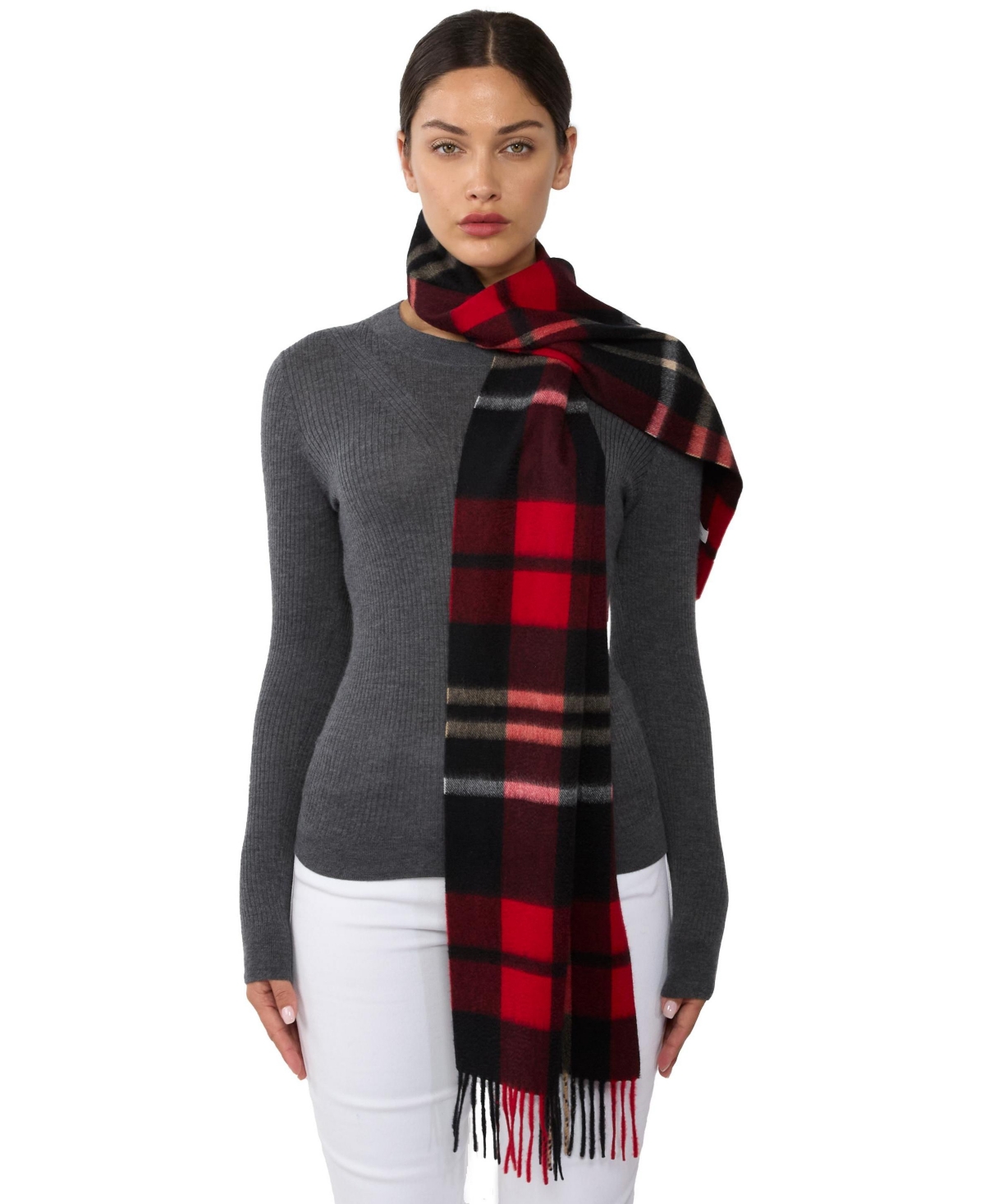 100% Cashmere Scarf for Women - Grey plaid