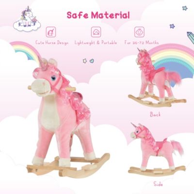 Kids Rocking Horse, Ride on Unicorn w/ Wooden Base, Tail Wag & Sounds