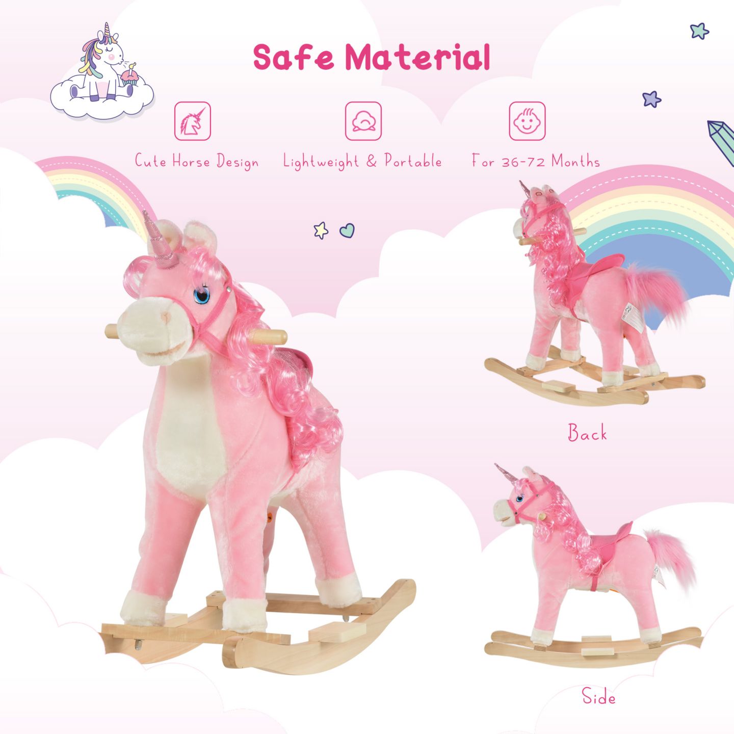 Детская игрушка Qaba Kids Rocking Horse, Ride on Unicorn w/ Wooden Base, Tail Wag & Sounds, цвет: Розовый — фото 6