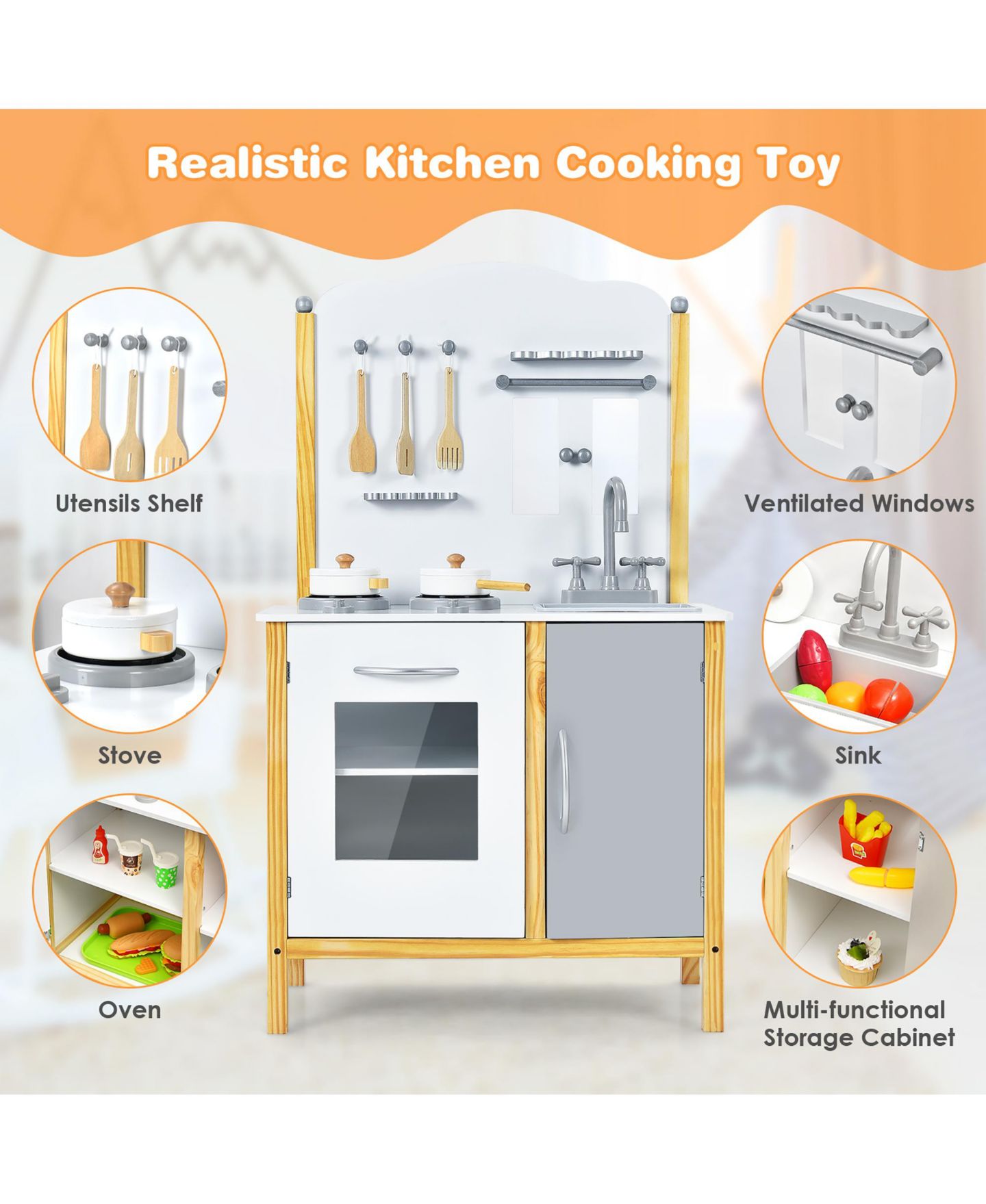 Детские игрушки Costway Play Kitchen with Storage Cabinet 6-Piece Set, Ages 3+, цвет: Белый — фото 6