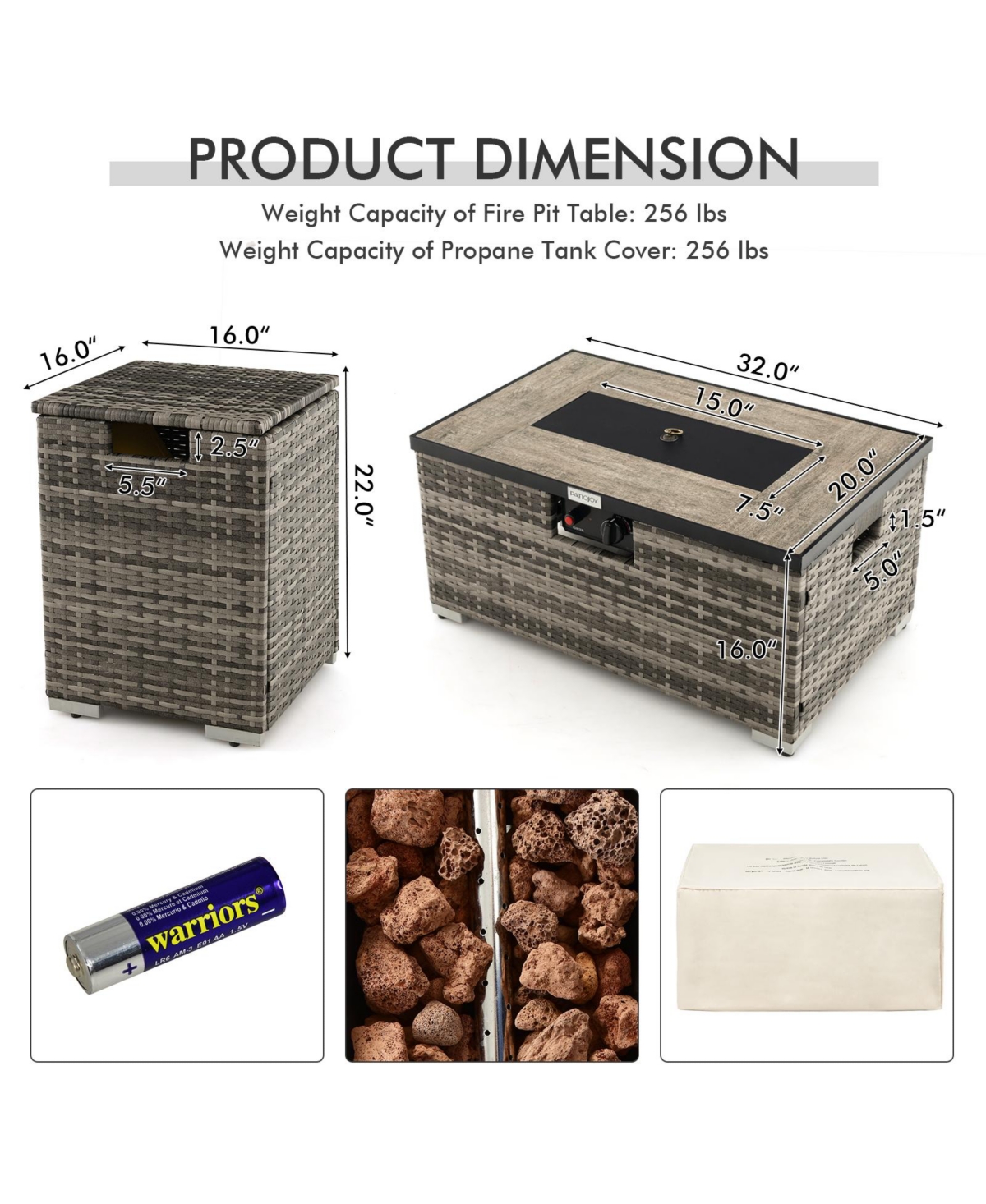 Gouun 32 x 20 Inch Propane Rattan Fire Pit Table Set with Side Table Tank and Cover