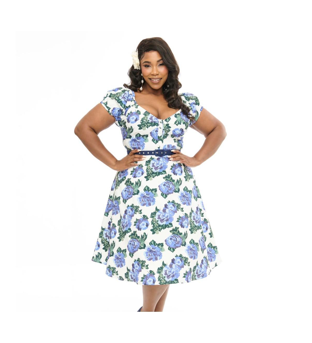 Unique Vintage Plus Size Ohara Swing Dress - White  blue floral