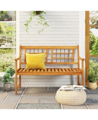 Patio Acacia Wood Bench with Curved Armrests Slatted Seat and Backrest