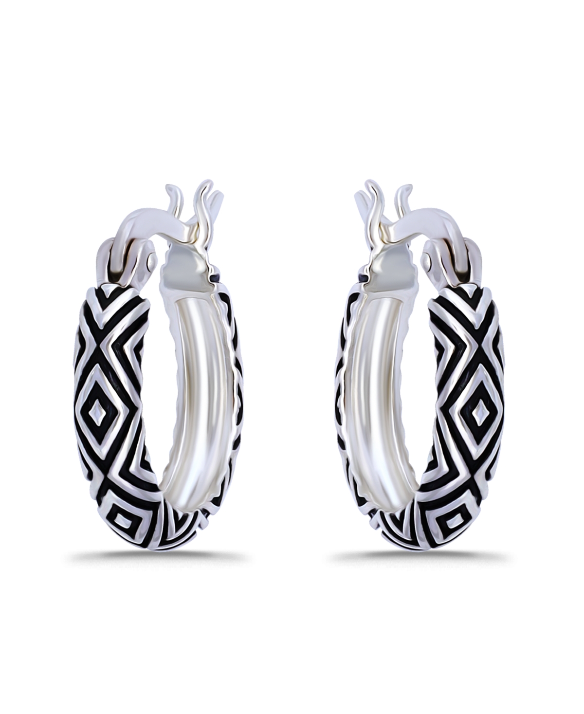 Macy's Oxidized Geometric Pattern Click Top Hoop Earrings In Silver