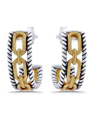 Oxidized Twist Chain Link Center J-Post Hoop Earrings