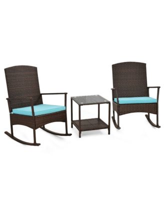 3 Pieces Rocking Wicker Bistro Set Outdoor Front Porch Rocker Chairs Conversation Set Turquoise