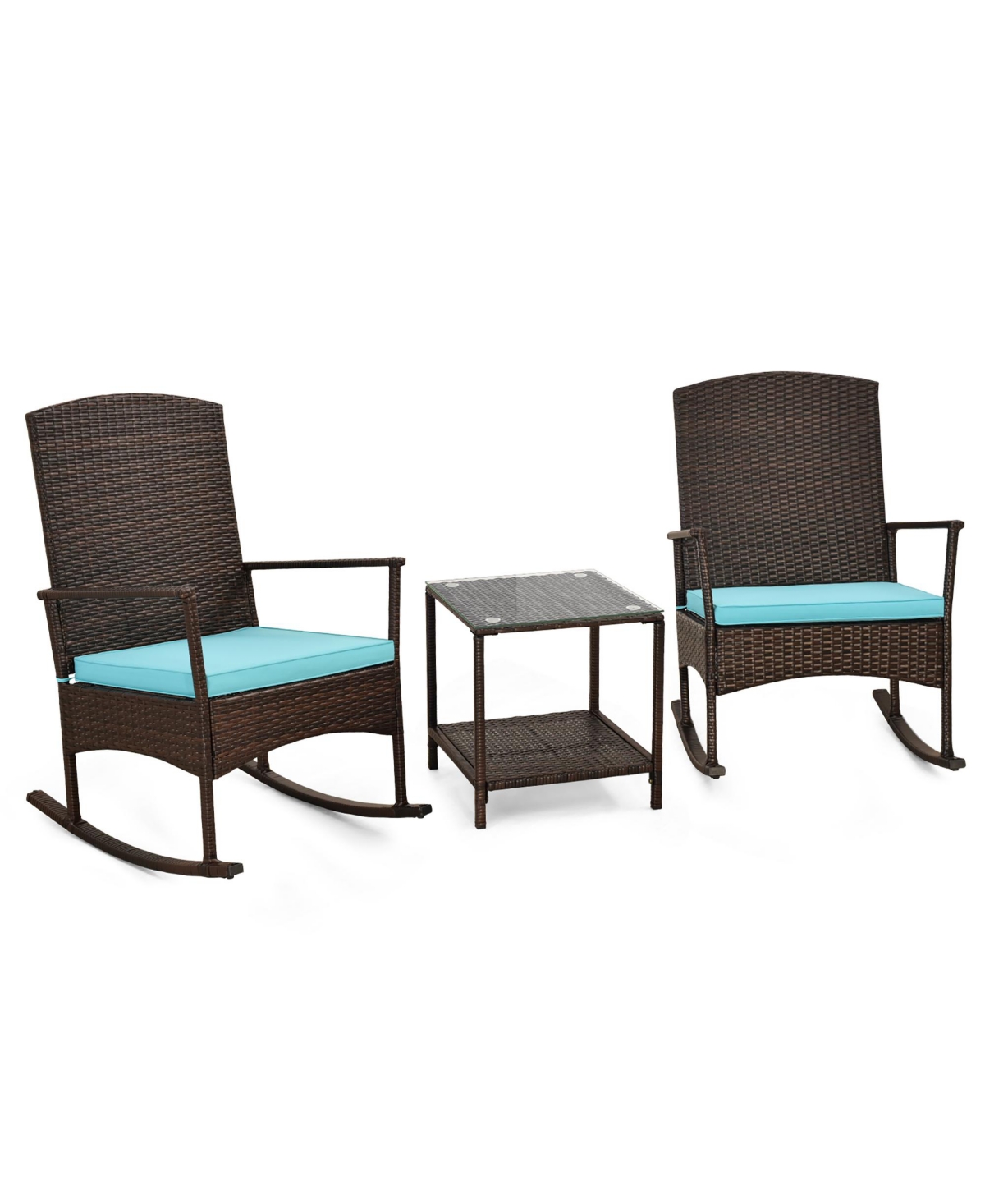 Gymax 3 Pieces Rocking Wicker Bistro Set Outdoor Front Porch Rocker Chairs Conversation Set- Turquoise/aqua+mix brown