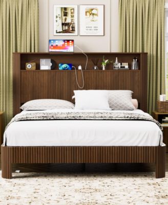 Queen Upholstered Bed Frame with Storage Headboard and Built-in Charging Station, Metal Frame Queen Size Platform Bed, No Box Spring Needed